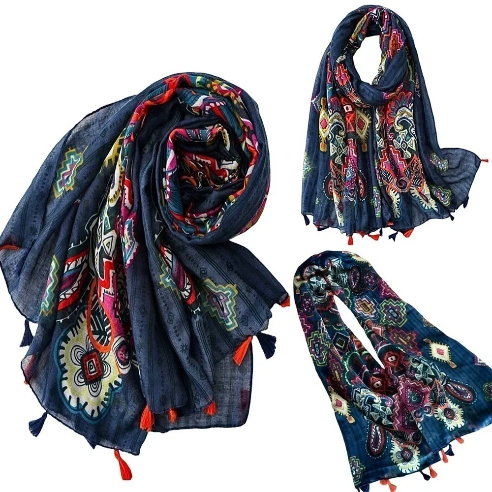 Paisley Print Scarf Aztec Accents Fringe Navy Multicolored Long 36” x 70” New!